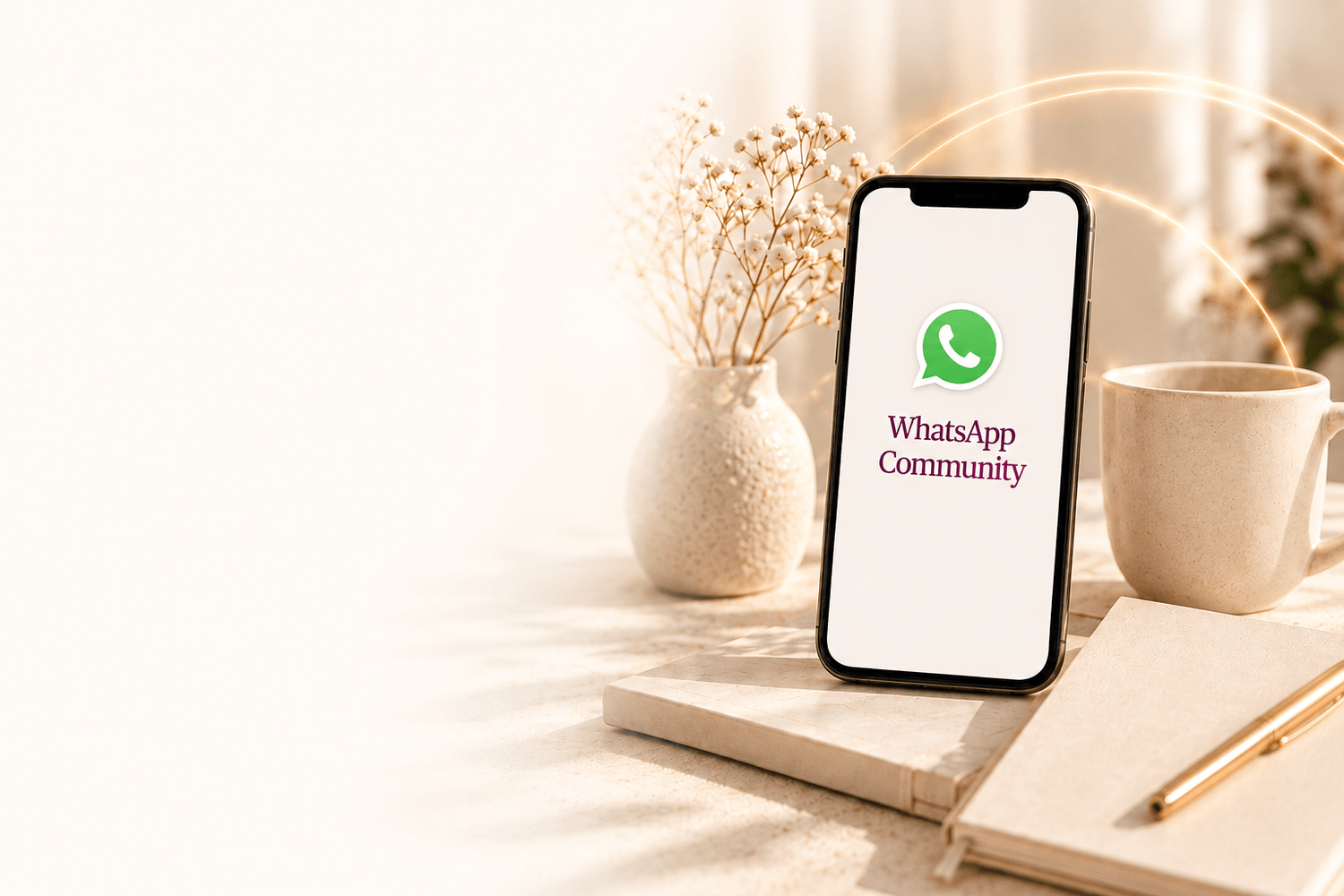 WhatsApp Community auf einem Smartphone neben Blumen, Tasse und Notizbuch