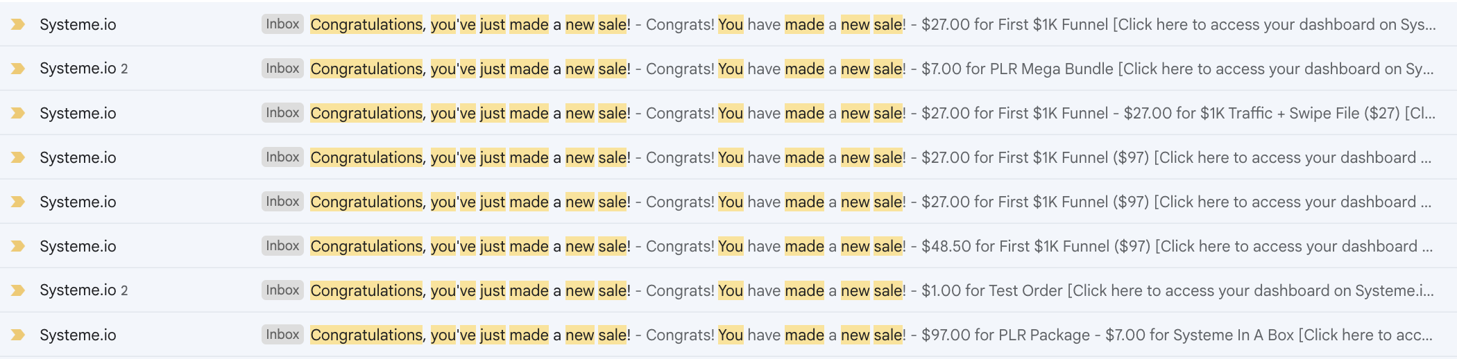 congratulations. you've just made a new sale emails from systeme for your first $1k funnel