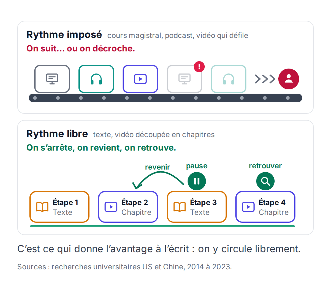 Deux schémas : un rythme imposé où les contenus défilent sur un tapis roulant, et un rythme libre où l'apprenant fait pause, revient à une étape et en retrouve une autre