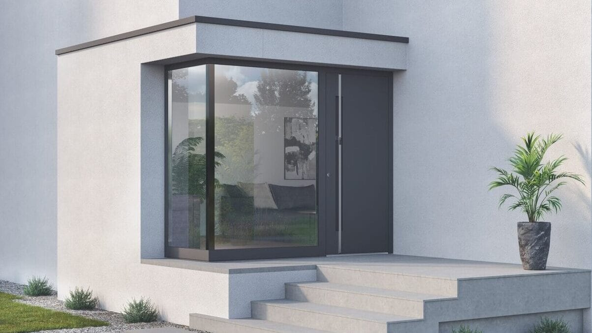 Moderne Aluminiumtür mit Seitenteil aus Glas