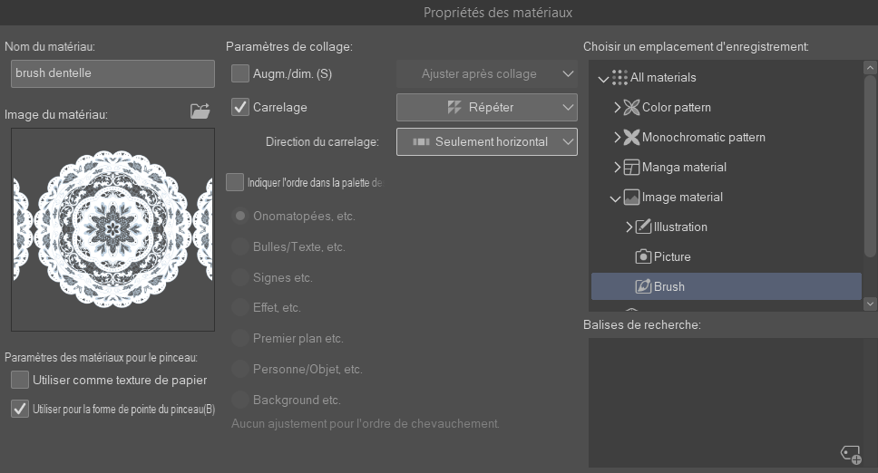 Aperçu d'un brush dentelle créé sur Clip Studio Paint par Le Cœur de Marie Illustrations
