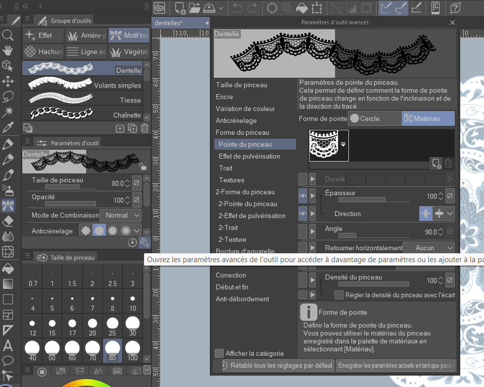 Aperçu d'un brush dentelle créé sur Clip Studio Paint par Le Cœur de Marie Illustrations