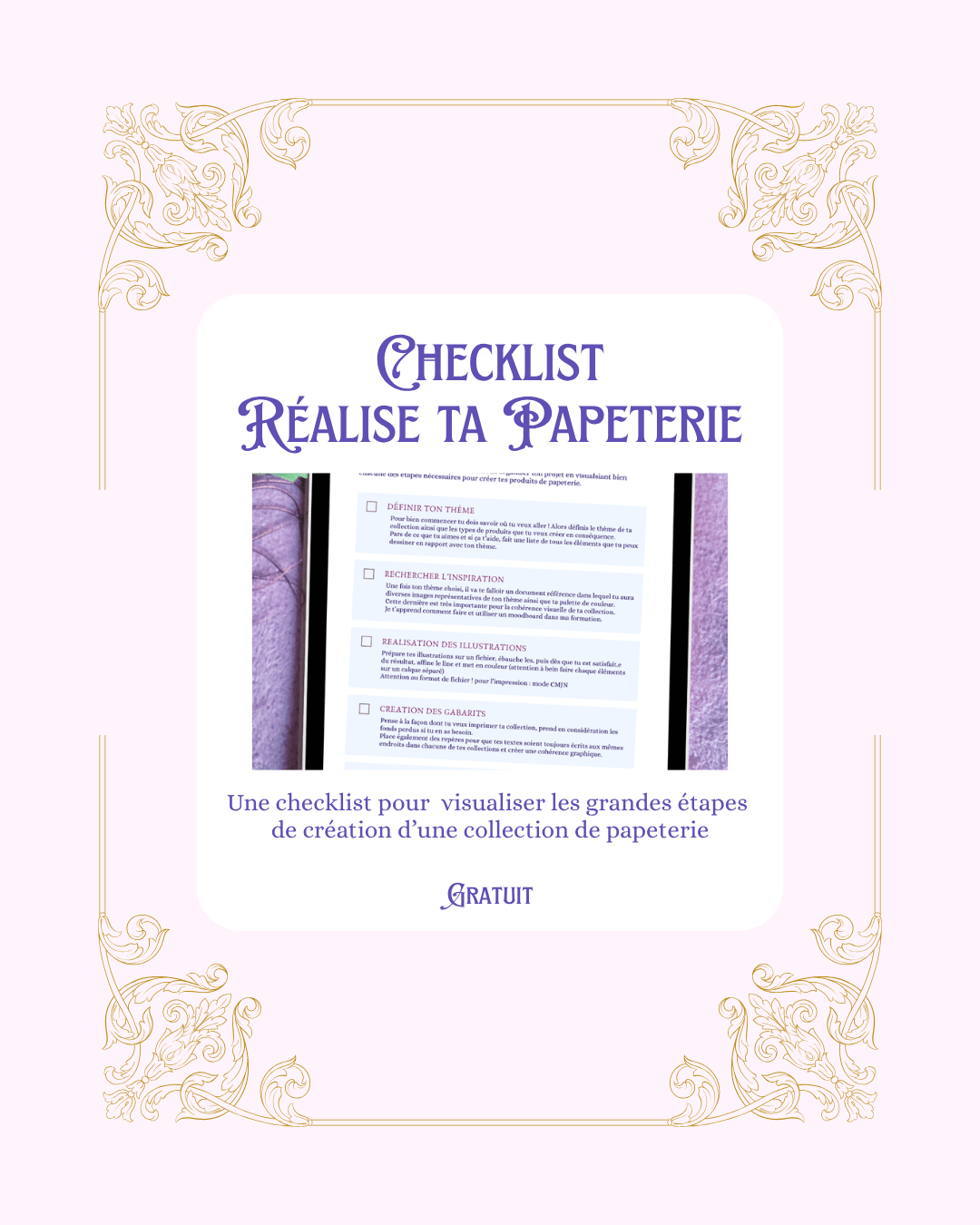 un ipad avec dont l'écran affiche une checklist des étapes clés pour réaliser une collection de papeterie