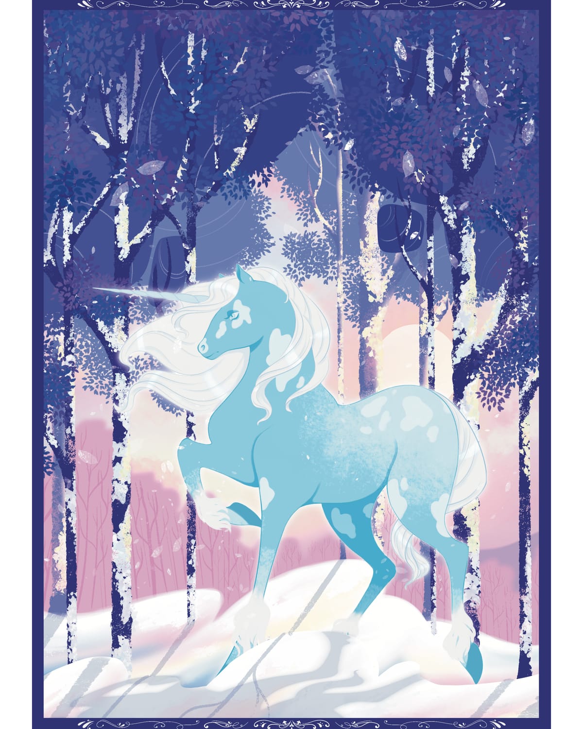 Illustration de licorne dans la neige par le cœur de marie illustrations