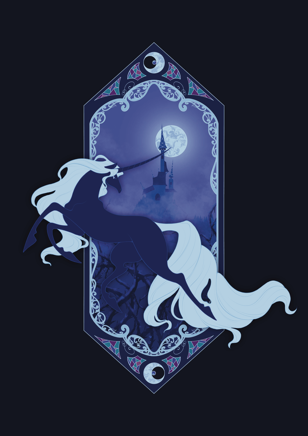 illustration d'une licorne sombre et inquiétentante