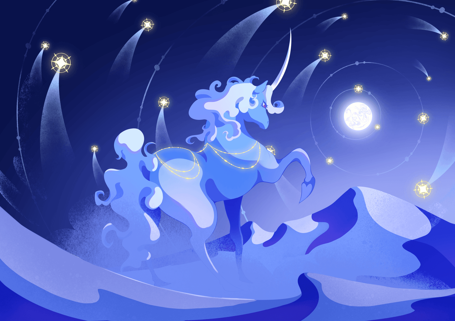 Illustration représentant une licorne dans un désert de nuit sous les étoiles filantes. Le style est doux, rappelant le film "the last unicorn" et et présente un visuel en monochrome bleu