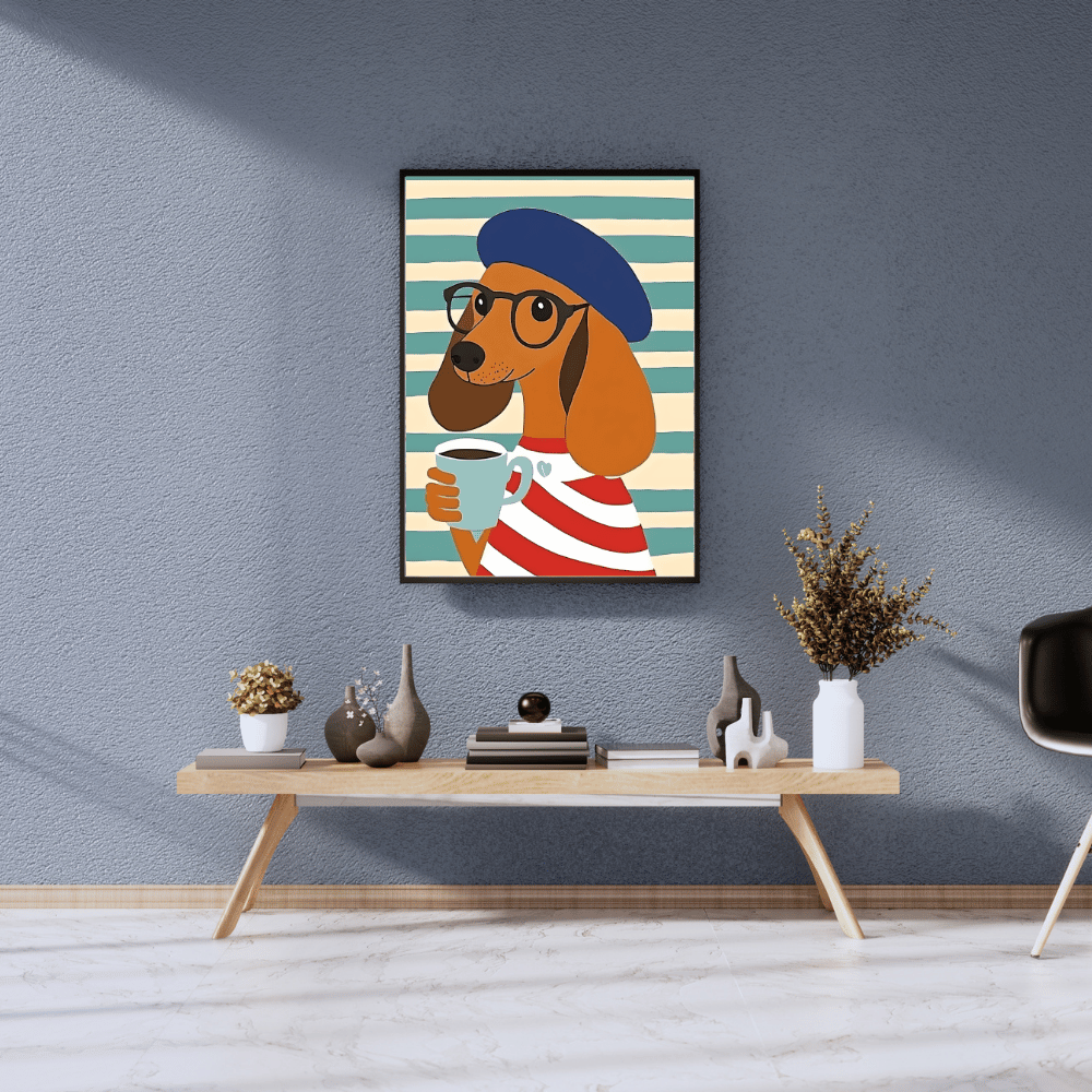 Chic Dachshund Coffee Lover Wall Art – French-Inspired Pup Vibes