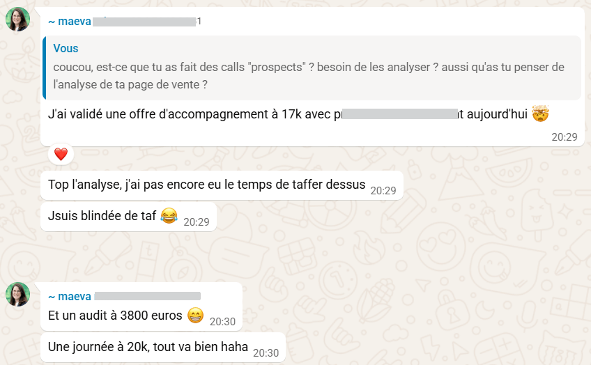 Message WhatsApp de Maeva annonçant un contrat
