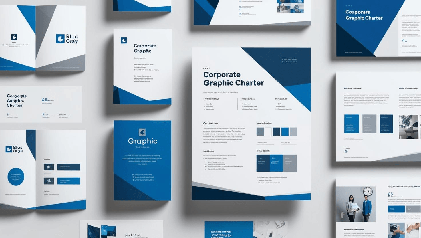Exemple de charte graphique professionnelle avec palette bleu et gris - branding cohérent