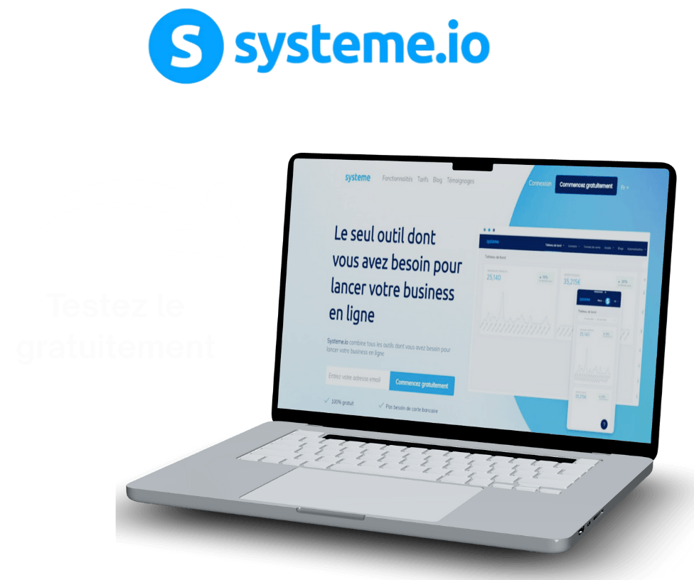 Page d’accueil Systeme.io avec message de positionnement : le seul outil dont vous avez besoin pour lancer votre business en ligne