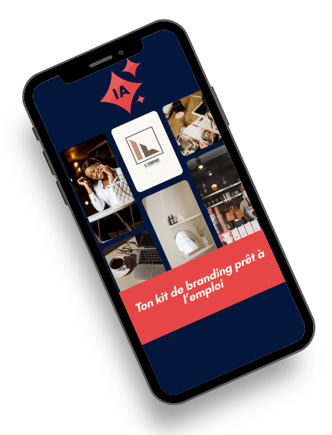 Mockup mobile du kit Start with IA affichant une grille visuelle de branding et le message Ton kit de branding prêt à l’emploi sur fond bleu nuit.