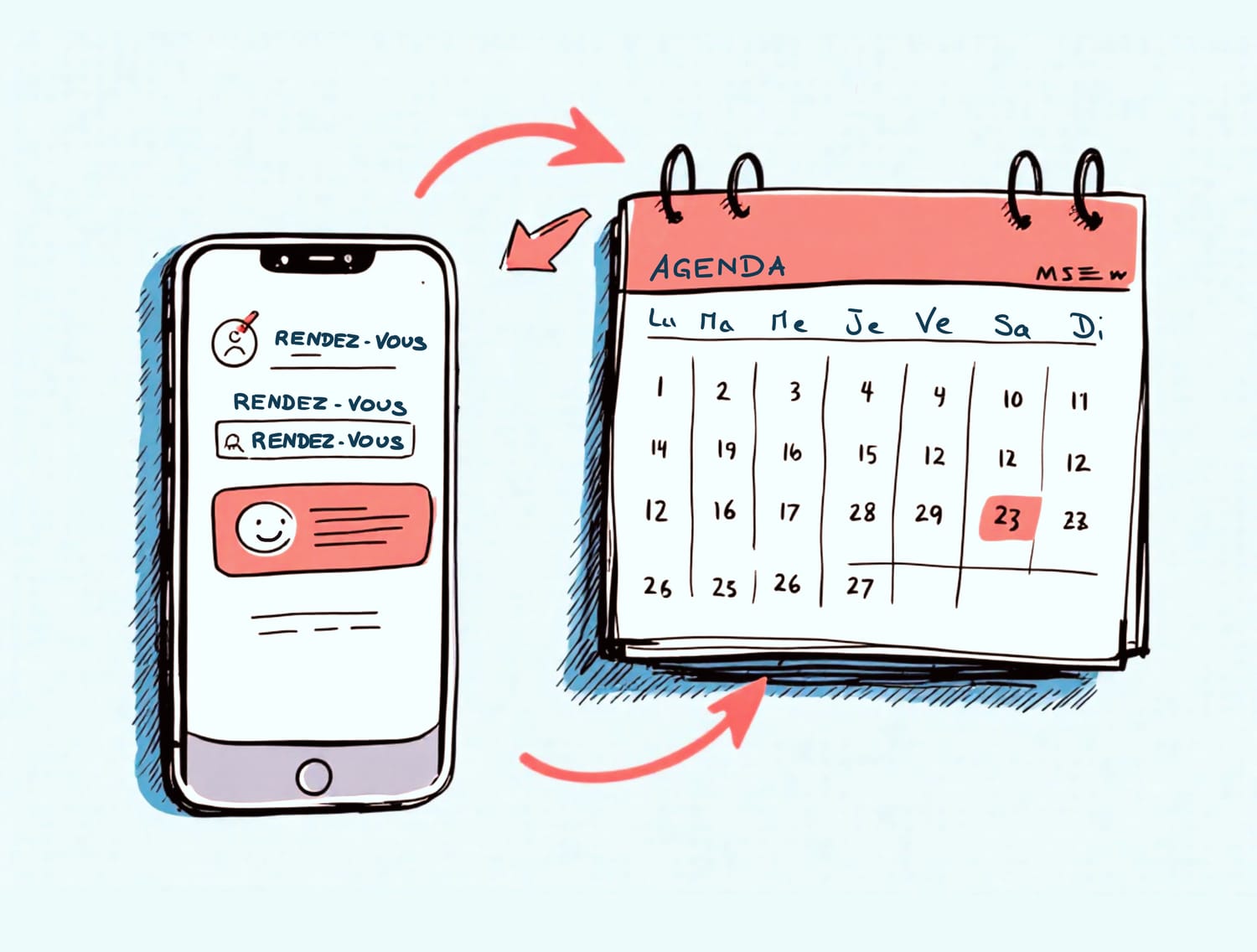Illustration en sketchnoting représentant la prise de contact et la planification d’un rendez-vous. Un smartphone affichant une liste d’appels et un agenda papier avec une date entourée sont reliés par des flèches, symbolisant la réservation d’un échange ou d’un accompagnement en gestion financière des ESMS.