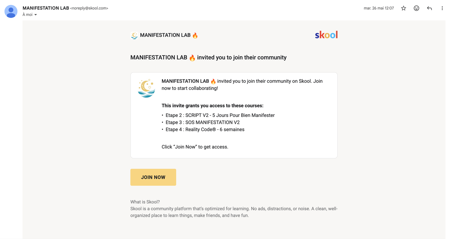 Email d'invitation Skool : MANIFESTATION LAB invited you to join their community