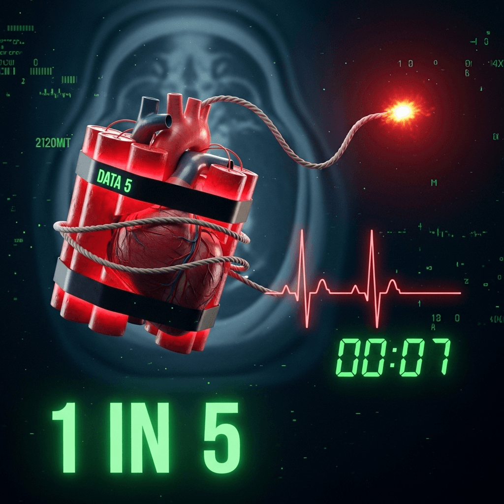 A heart strapped with a ticking time bomb, representing the hidden danger of Stealth Cholesterol.