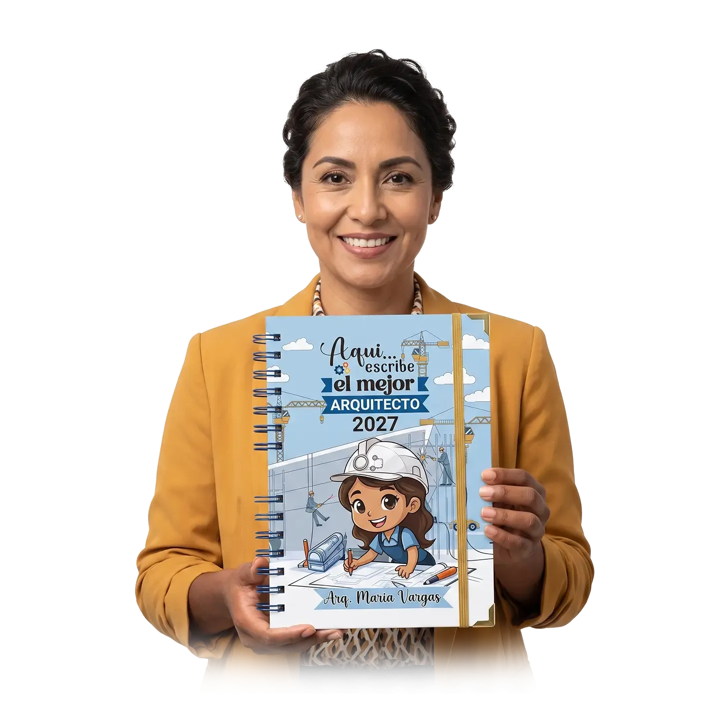 Emprendedora mostrando una agenda 2027 impresa