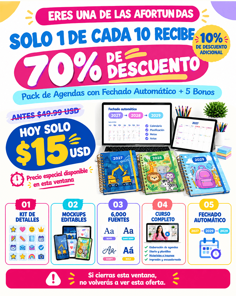Oferta exclusiva: Pack de Agendas con Fechado Automático + 5 Bonos con 70% de descuento, hoy solo $15 USD