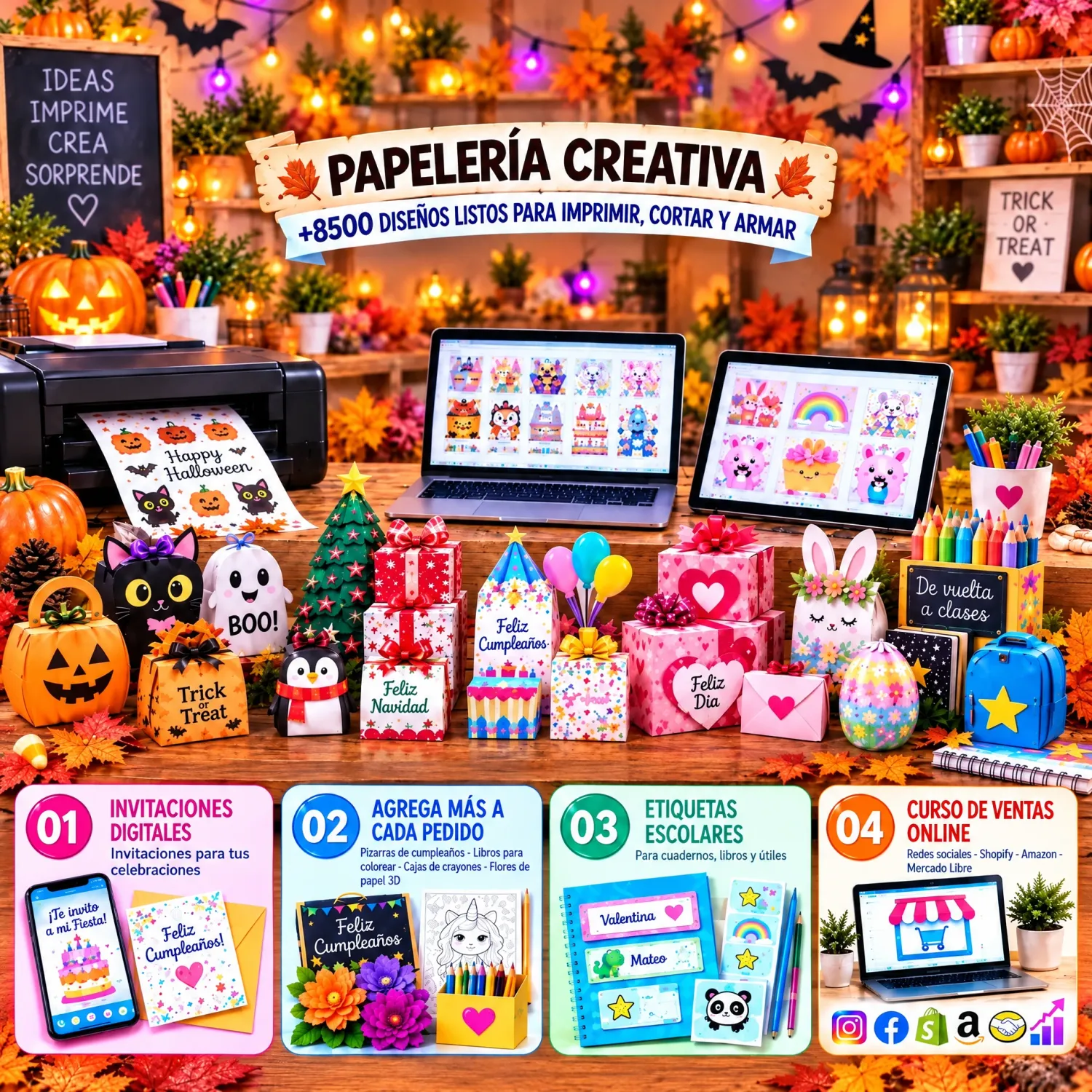 Papeler&iacute;a creativa: m&aacute;s de 8,500 dise&ntilde;os listos para imprimir, cortar y armar, y los 4 bonos