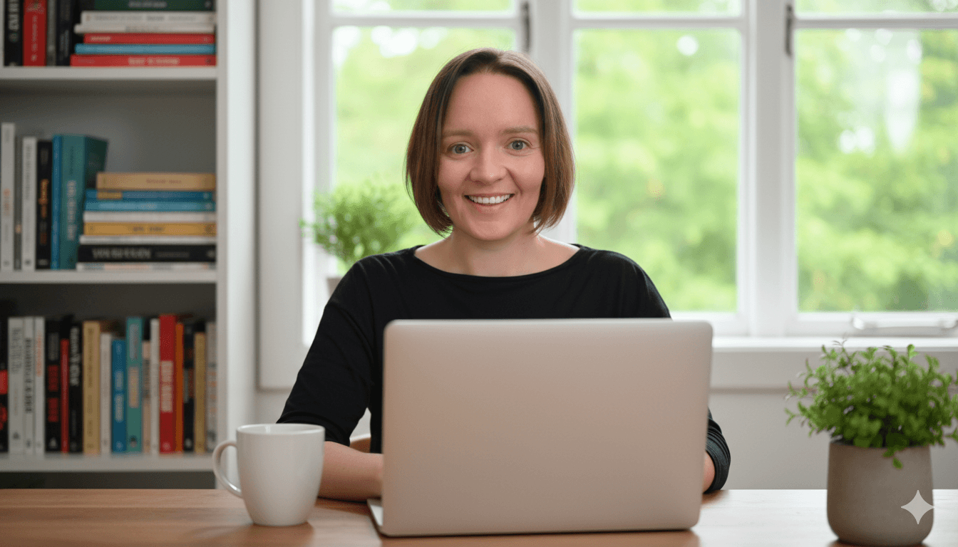 Picture of Verity Green with brown bobbed hair smiling and looking at the camera, wearing a black top, sat behind a laptop at a desk, with a cup and plant each side. A window behind her and bookcase on one side.