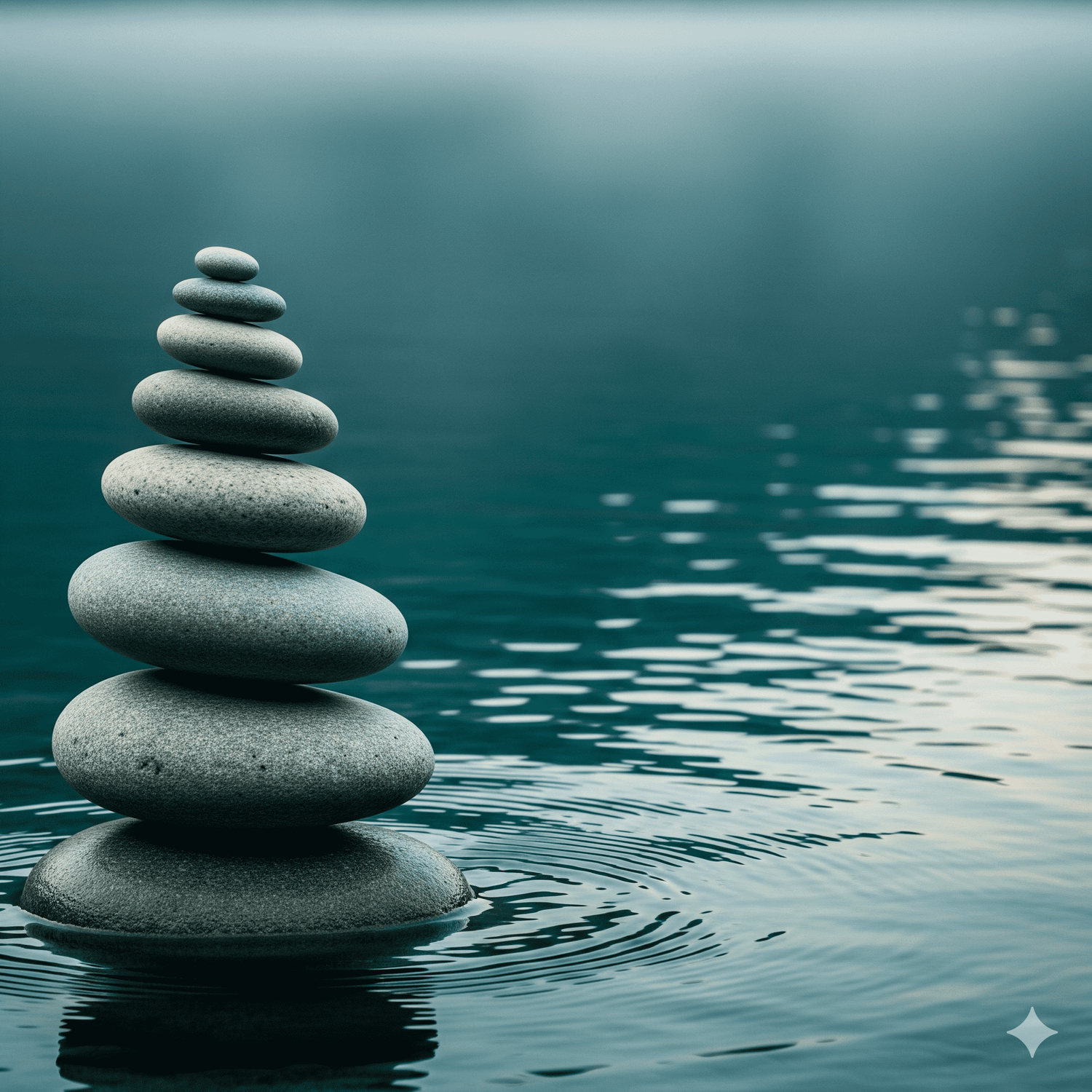 Decreasing stones in size balanced on each other, sat on calm water with a slight ripple