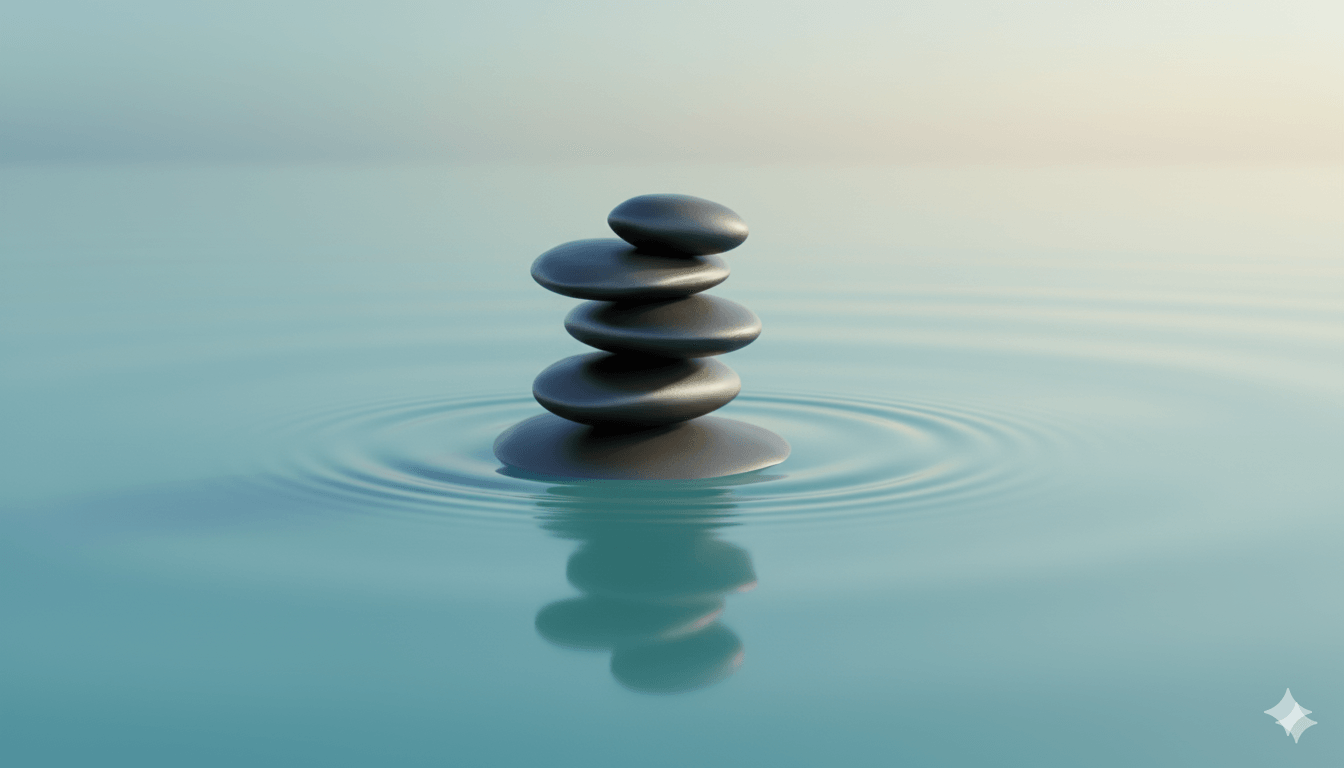 Smooth stones balanced on top of one another within blue water. The stones reflect in the water, with a slight ripple around the stones.