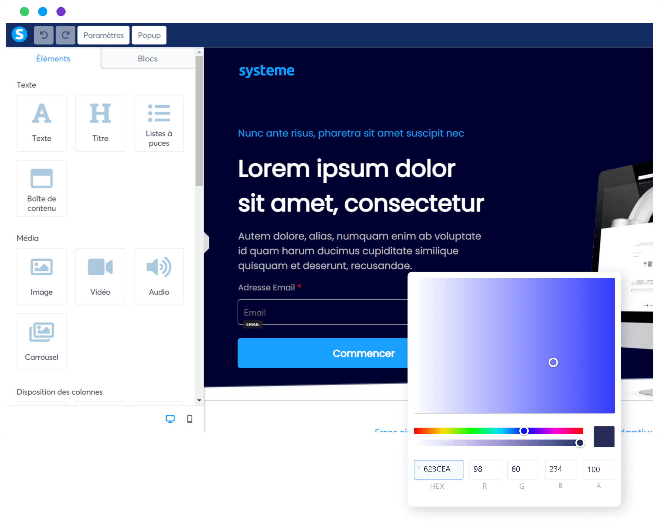 Constructeur de site web Systeme IO avec une interface drag-and-drop