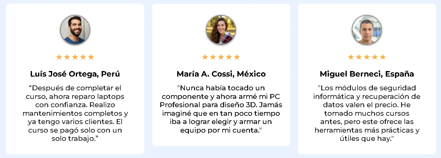 Testimonios de alumnos del curso de reparación de computadoras de KAMBIG desde Perú, México y España con resultados reales y cinco estrellas
