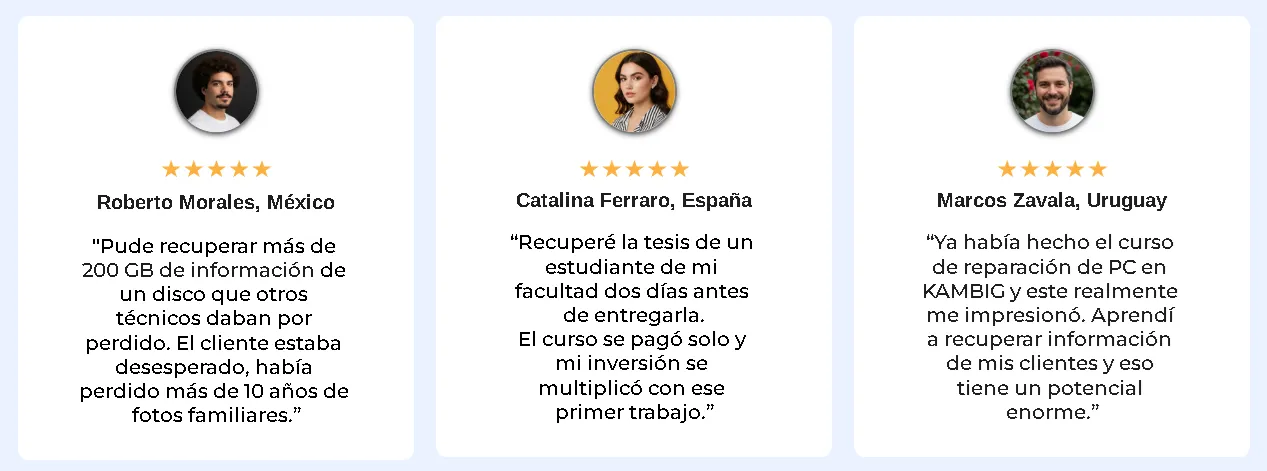Reseñas de alumnos del curso de reparación de computadoras de KAMBIG desde México, España y Uruguay aprendizaje práctico en informática.
