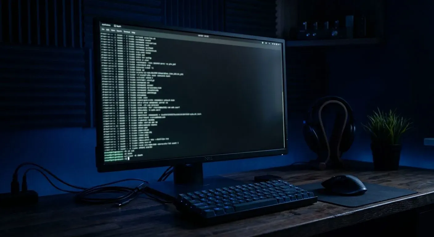 Monitor con una terminal en un escritorio oscuro