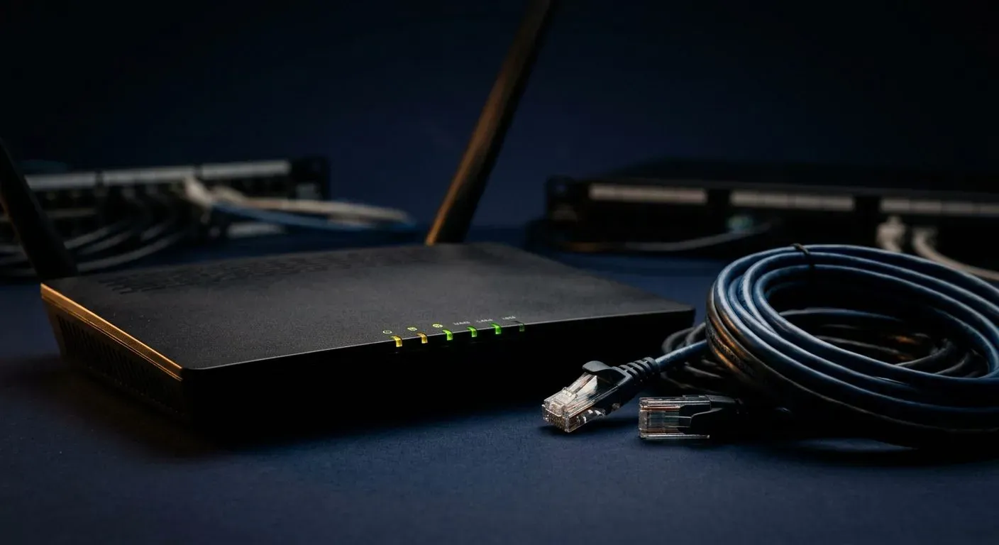 Router con cables de red sobre superficie azul oscuro