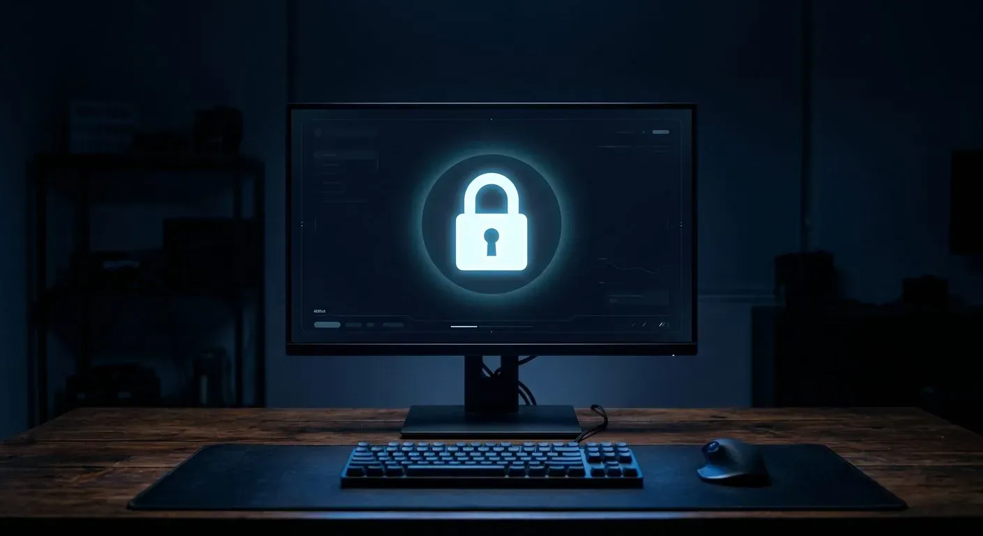 Monitor mostrando un candado en una interfaz oscura