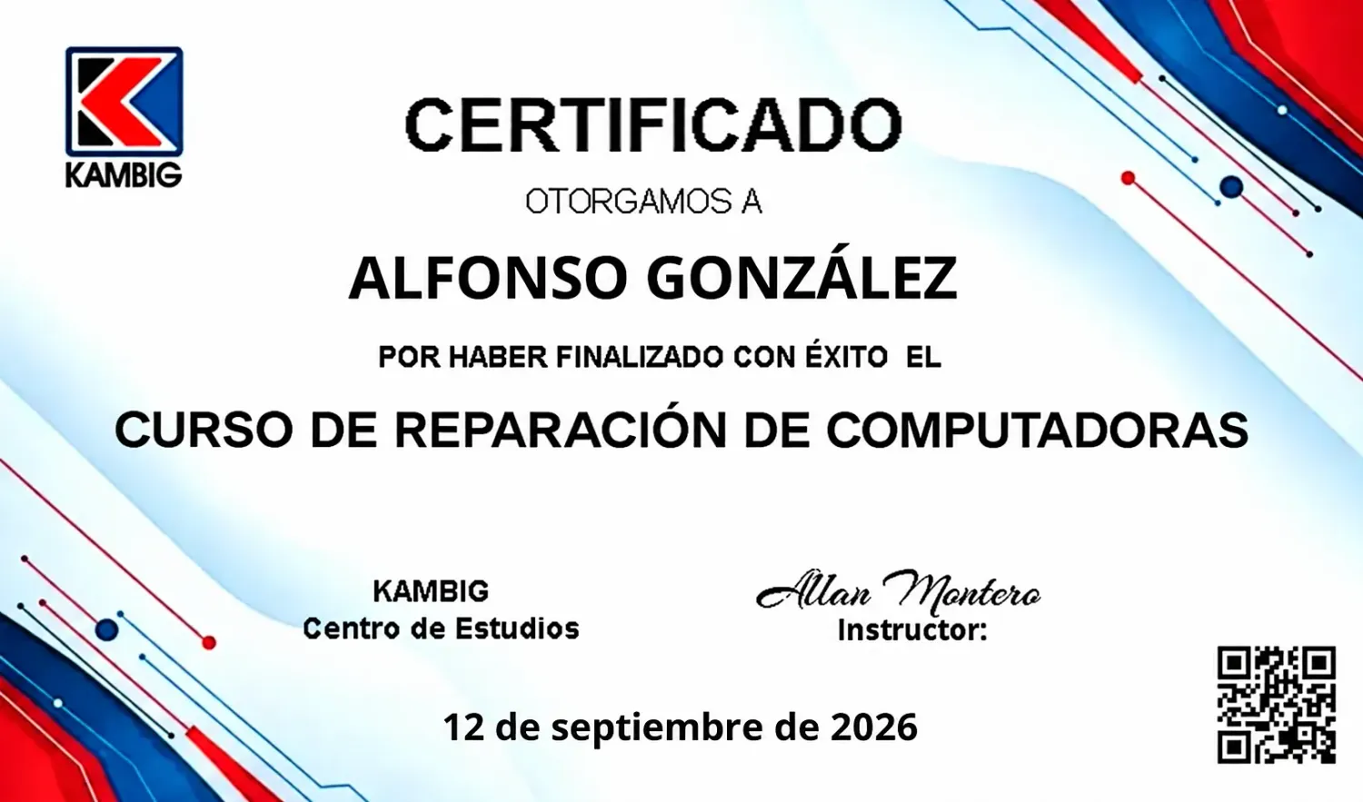 Certificado del Curso de Reparación de Computadoras emitido por KAMBIG Centro de Estudios