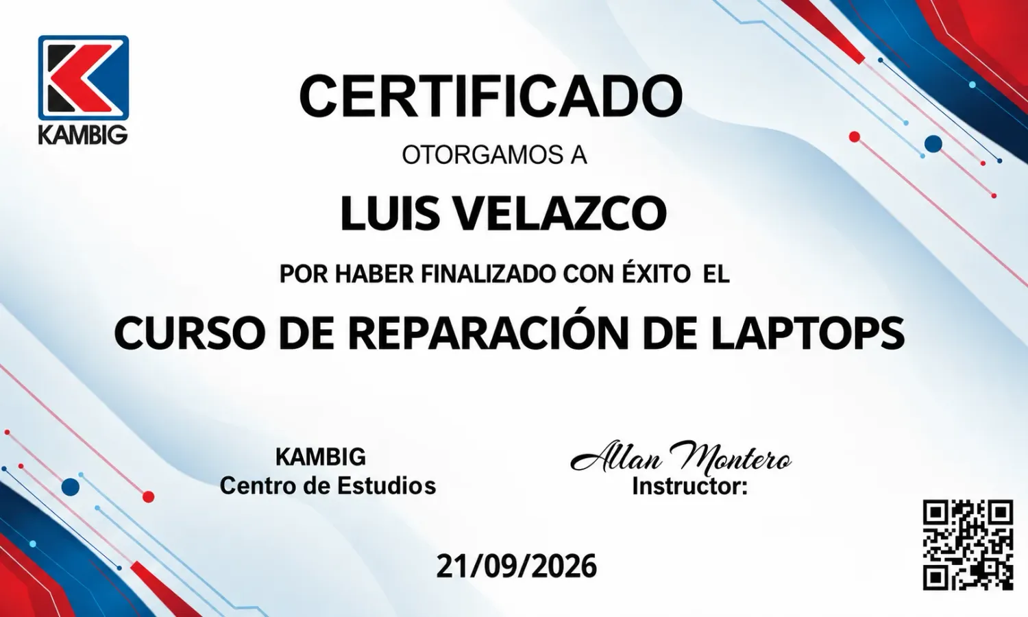 Certificado de finalización del Curso de Reparación de Laptops de KAMBIG Centro de Estudios
