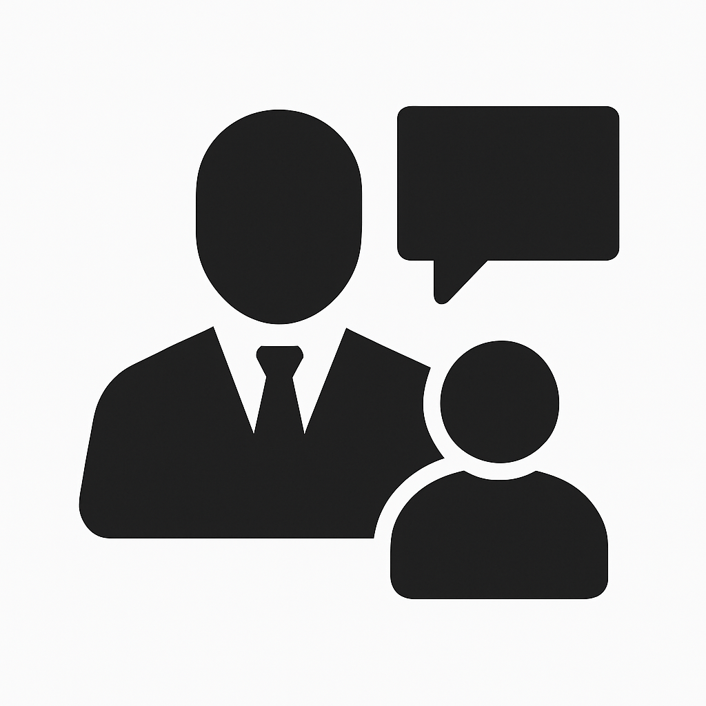 icône pour « Pour les coachs » : une figure principale en costume (coach), une figure plus petite (coaché) et une bulle de dialogue pour symboliser l’échange et le coaching