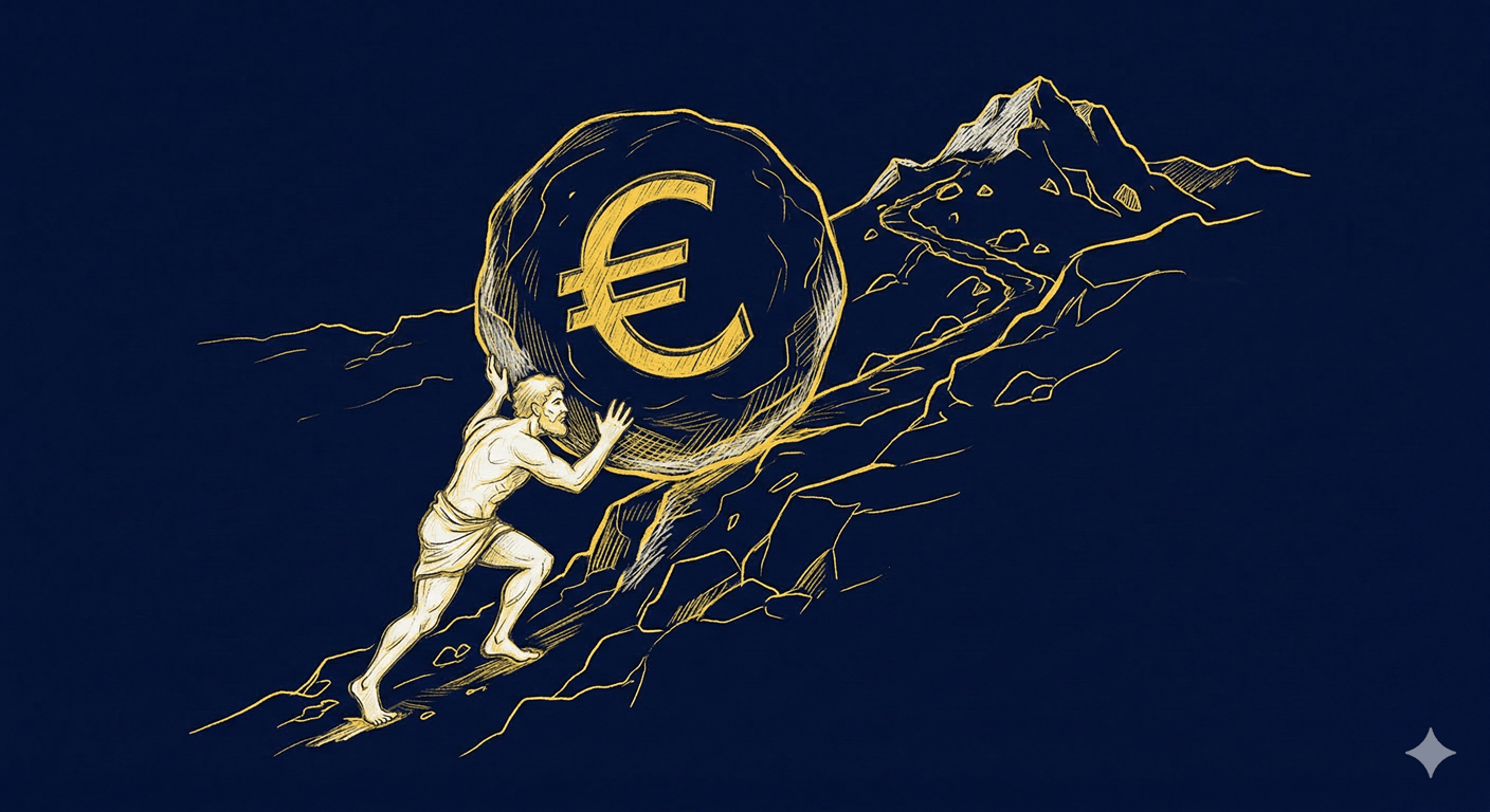 Minimalistlik kulla-jooneline joonistus, mis kujutab üleminekut keerukast Sisyphose kivi veeretamisest vabaduse ja loovuse poole, kasutades Systeme.io 'kõik-ühes' online-äri platvormi.