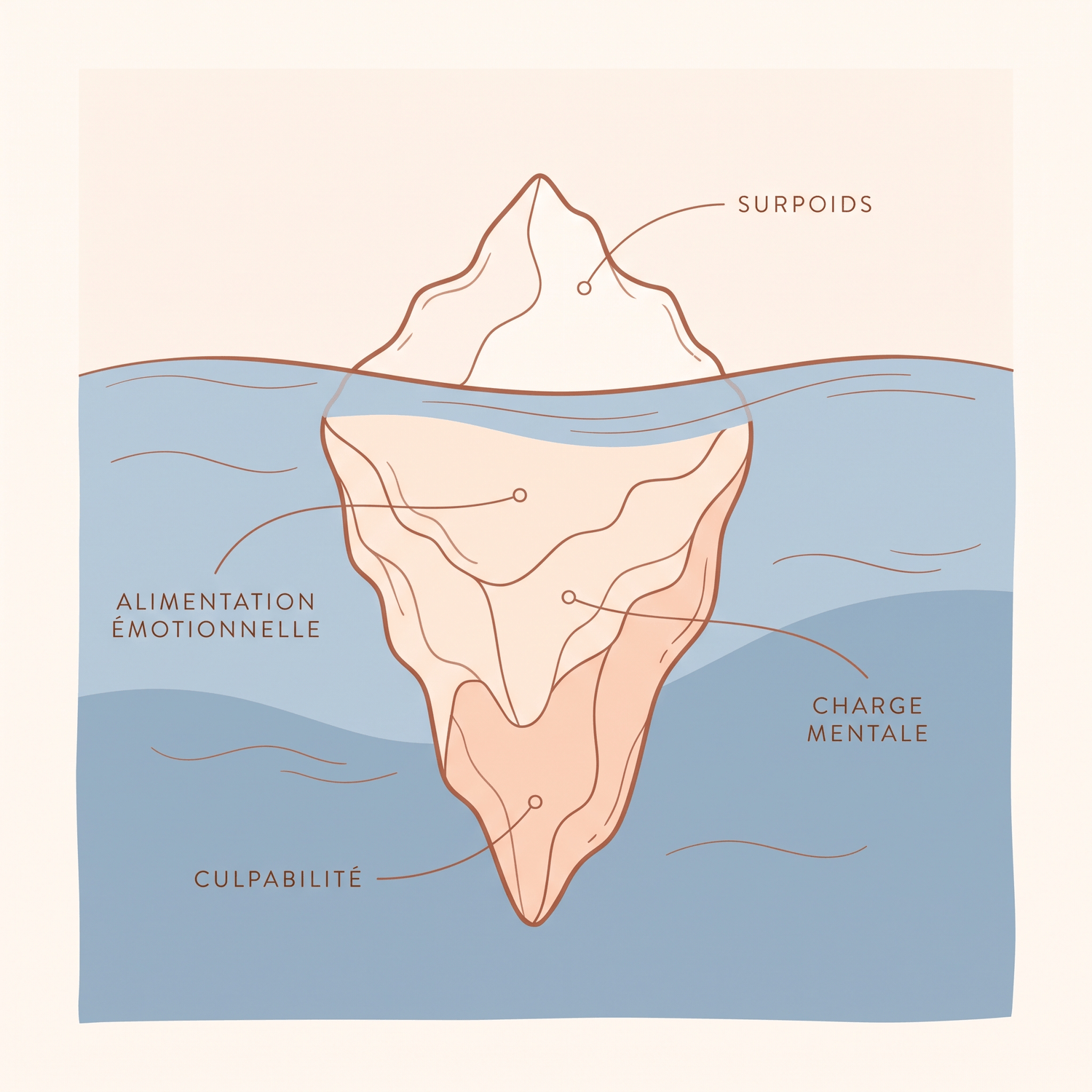 Illustration d'un iceberg : le surpoids visible en surface, les vraies causes immergées