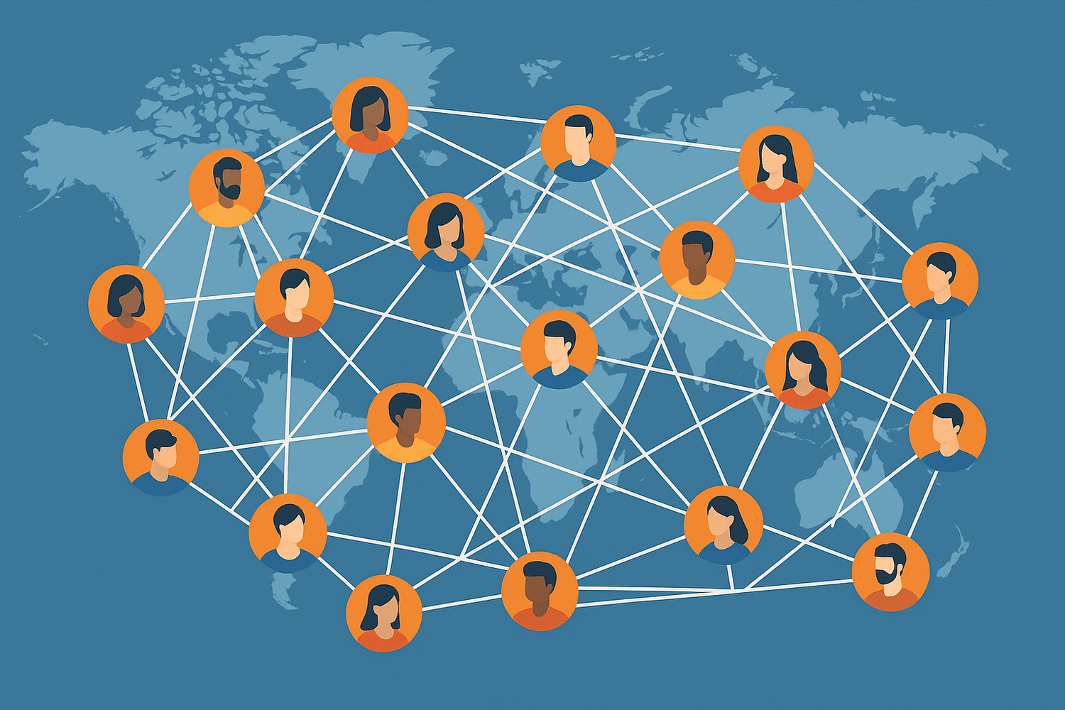 Una red de personas conectadas globalmente, simbolizando el network marketing y la colaboración.