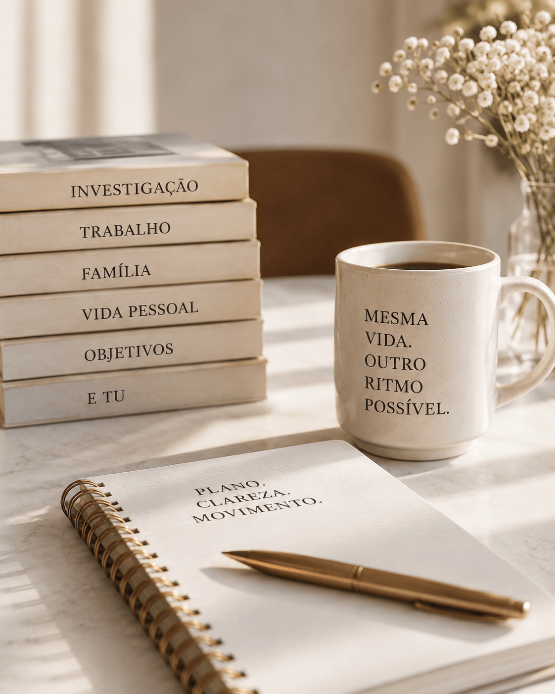 Espaço de trabalho calmo com livros, caderno, caneca e flores