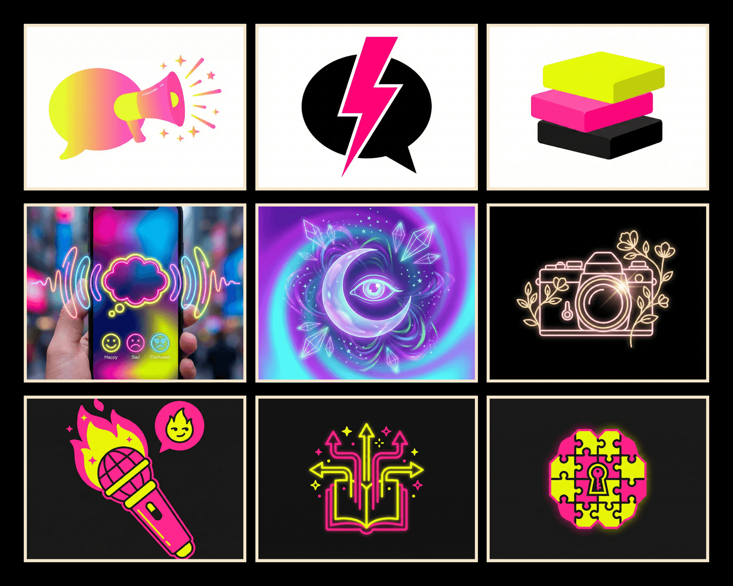 a collage of AI app icons in different neon colors