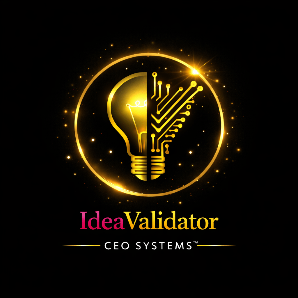 icon for an AI app called IdeaValidator, colors are hot pink and gold on a jet black background