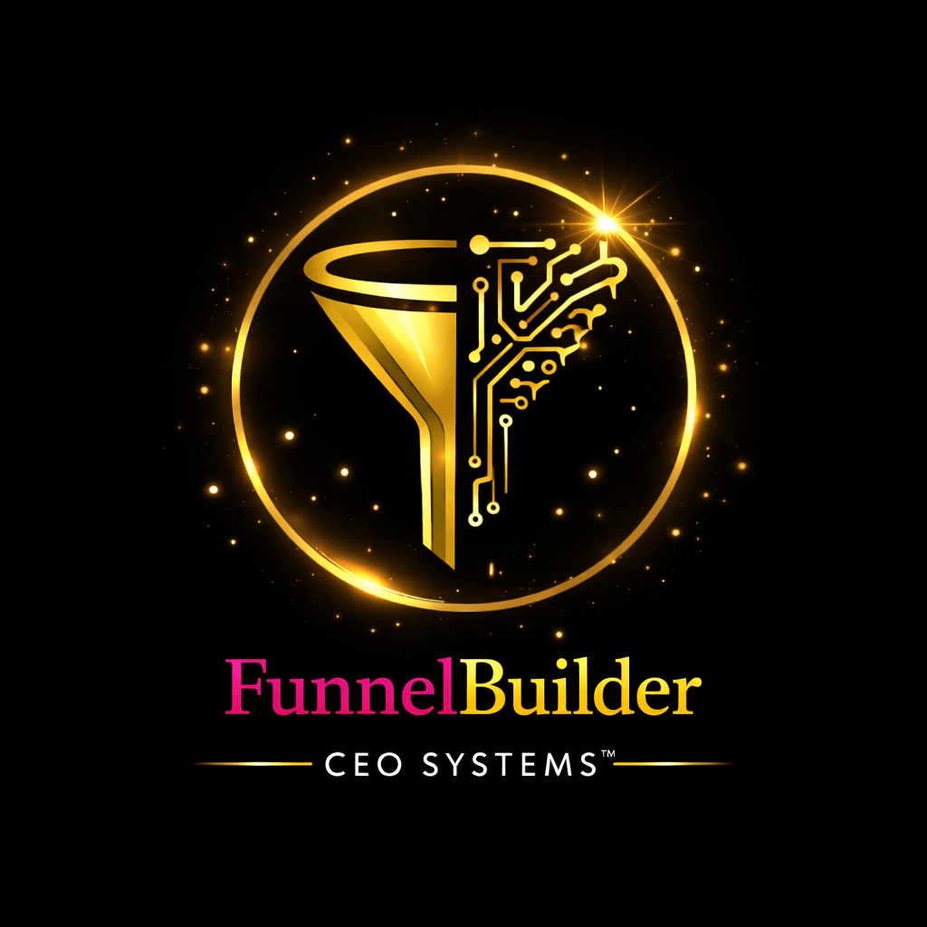 a square image of an icon for an AI app called FunnelBuilder. Colors are hot pink and gold on a jet black background