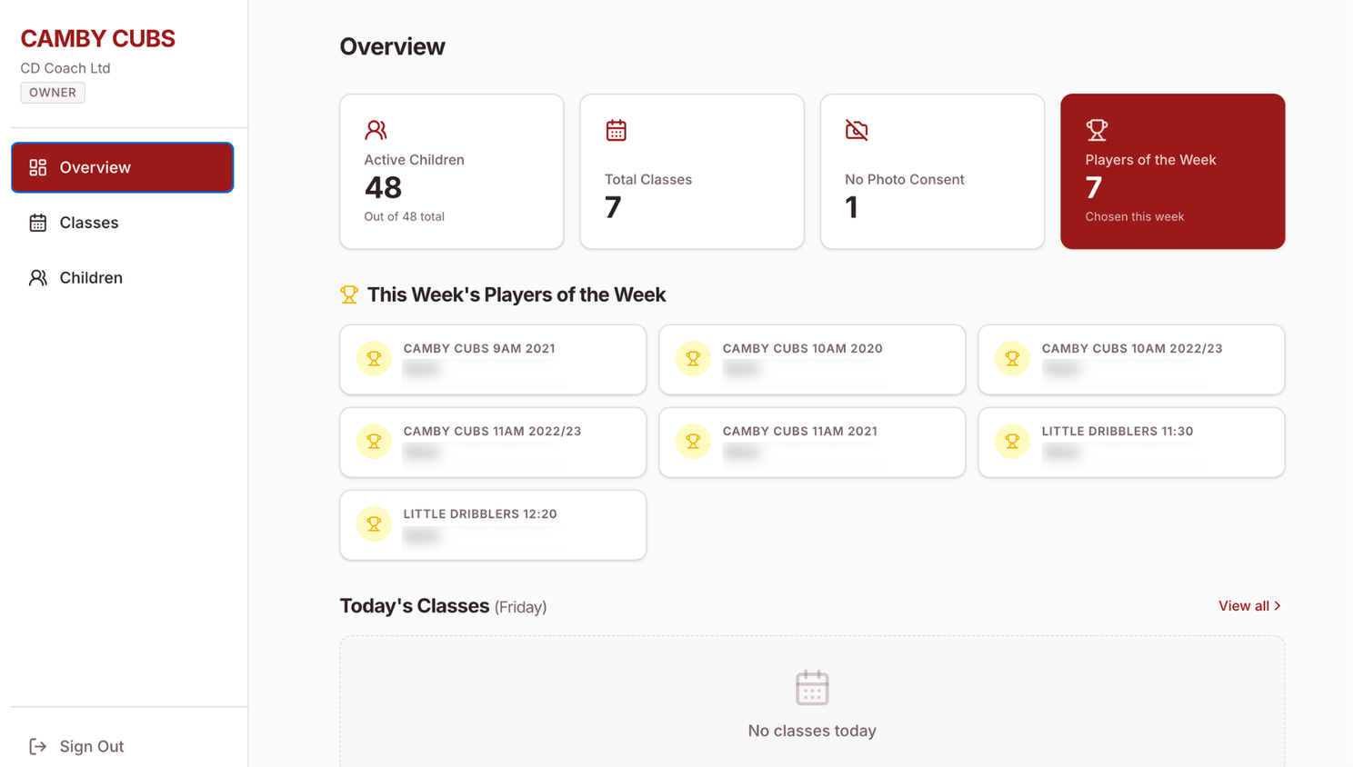 Example of a custom club administration dashboard
