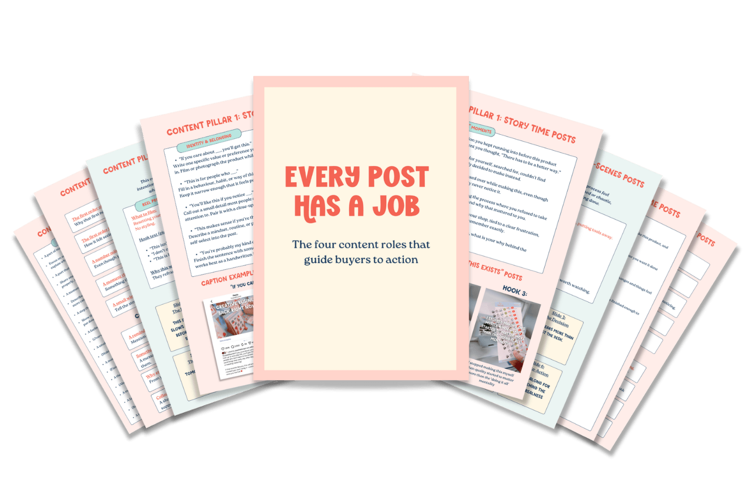 An open Every Post Has a Job workbook showing practical content prompts, hook examples and post structures