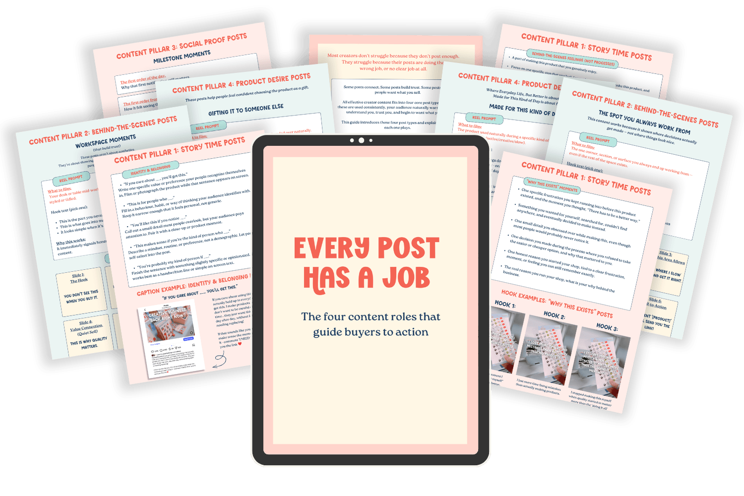 Every Post Has a Job displayed on a tablet with practical pages from all four content pillars