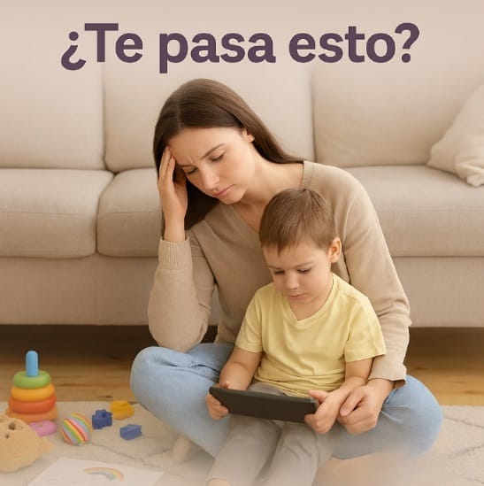 Madre y niño con tablet, estrés por pantallas