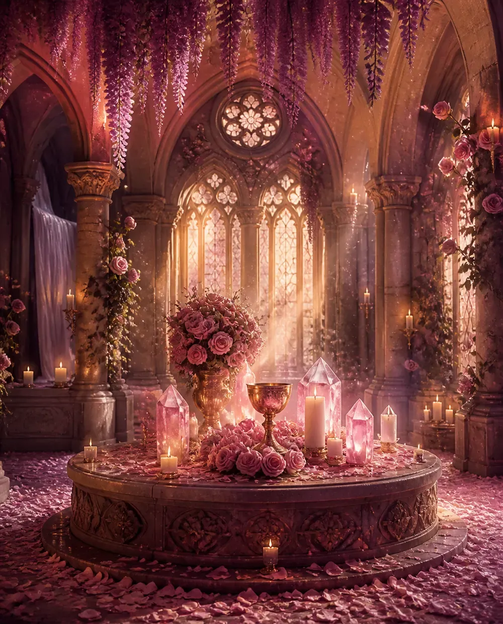 Interior de un templo con altar de rosas, cáliz y velas