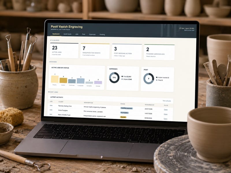 Just Three Places One dashboard shown on a laptop in an engraving studio
