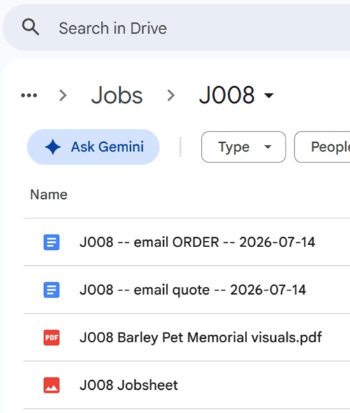 Google Drive folder for a job showing automatically filed documents