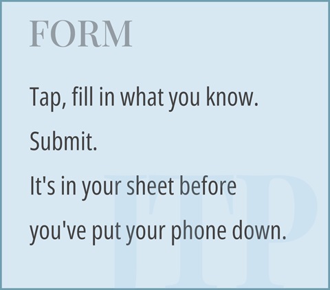 Form: tap, fill in what you know, submit — it's in your sheet before you've put your phone down