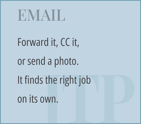 Email: forward it, CC it, or send a photo — it finds the right job on its own