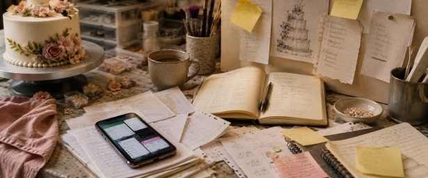 A maker's desk covered in sticky notes, notebooks and open screens